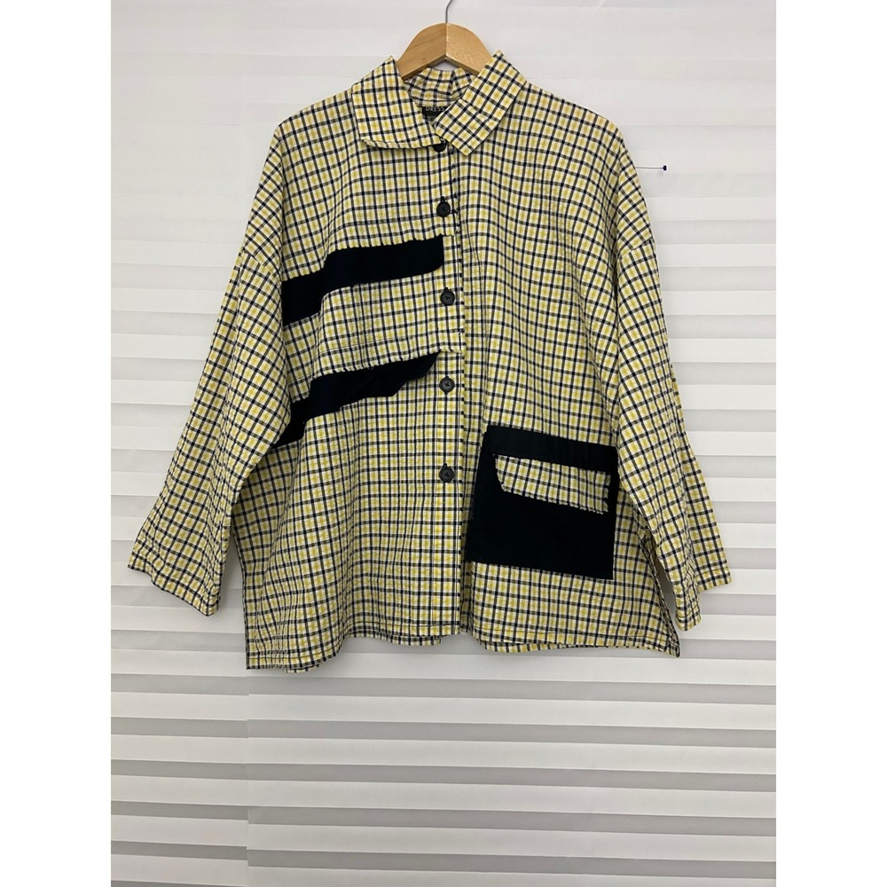 Dress To Kill Yellow Gingham Plaid Oversized Button Up Shirt Top Sz 1 Lagenlook